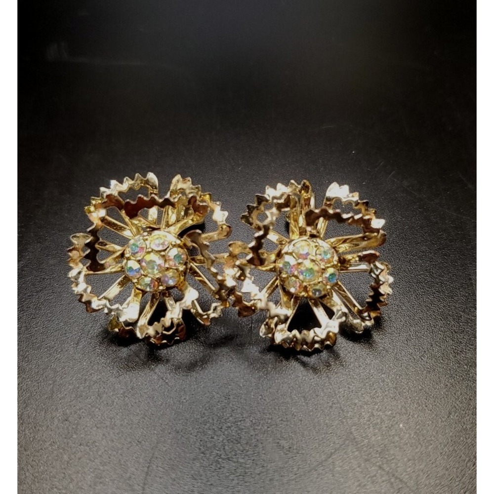 Vintage Sarah Coventry Clip-On Flower Earrings W/Aurora Borealis Cluster Centers